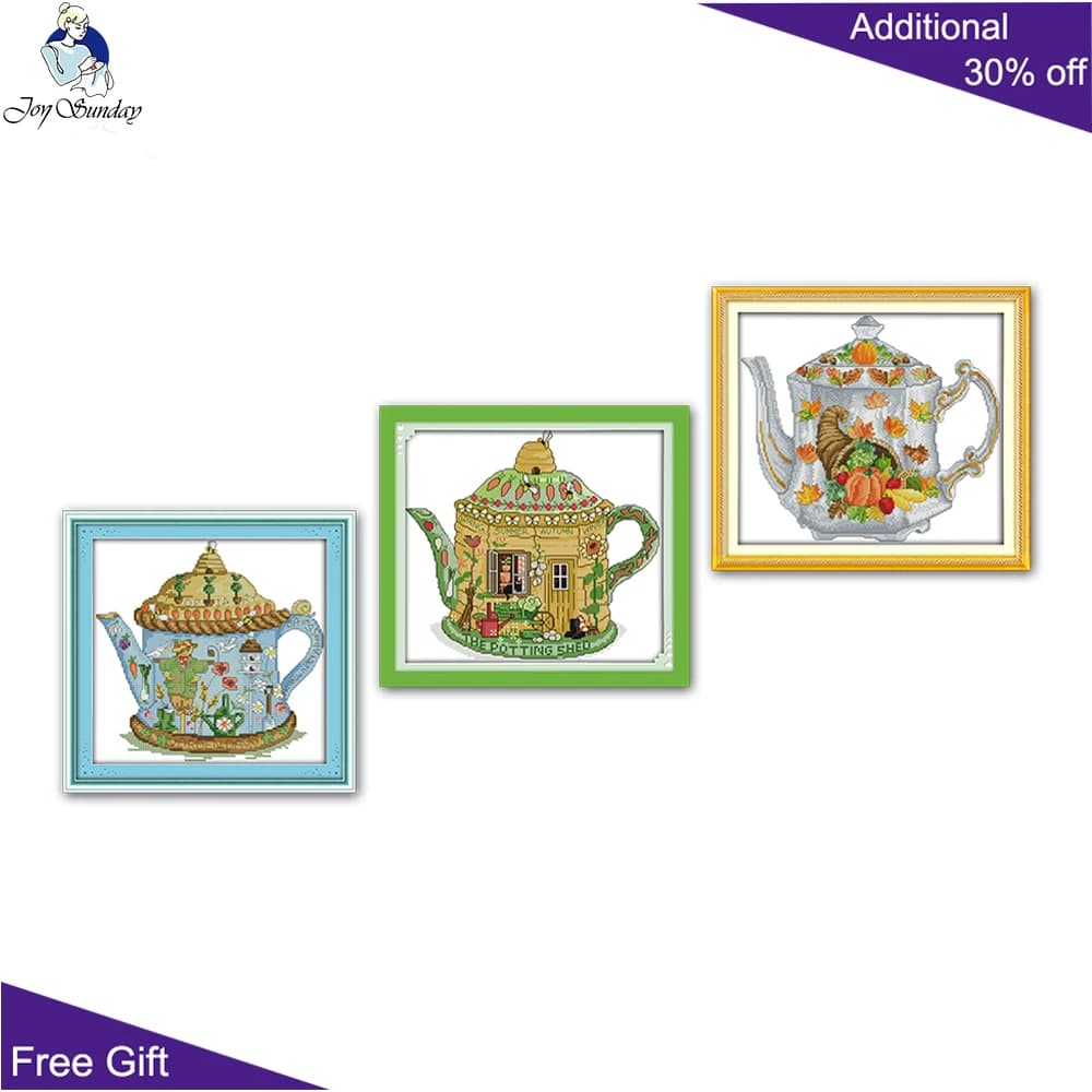 Joy Sunday printed kits deals, The Scarecrow Garden Teapot Cross Stitch Kits, Fairy Tale Teapot Home Decor, J270(2), J311, J346