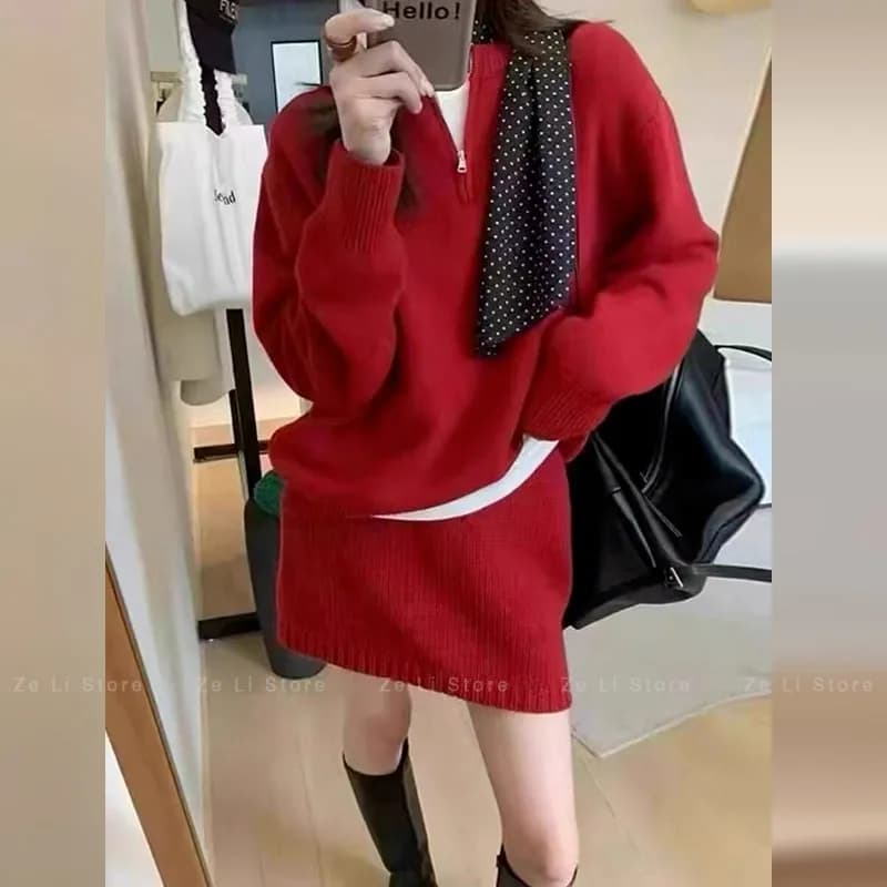 French Elegant Knitted Woolen Set Autumn Winter Slimming Sweater Mini Skirt Two-Piece Suit Casual Fashion Ladies Long Sleeve