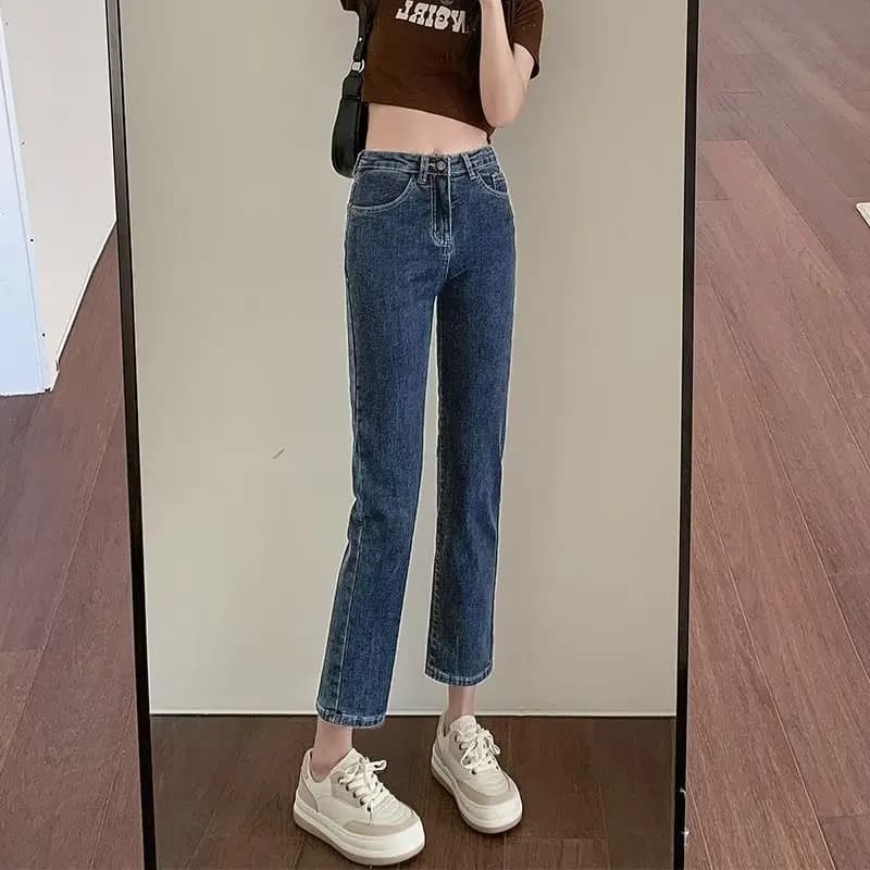 Spring Autumn High Waist High Elastic Straight Leg Jeans Women's 2024 Cotton Stretch Denim Nine Point School Style Small Size...