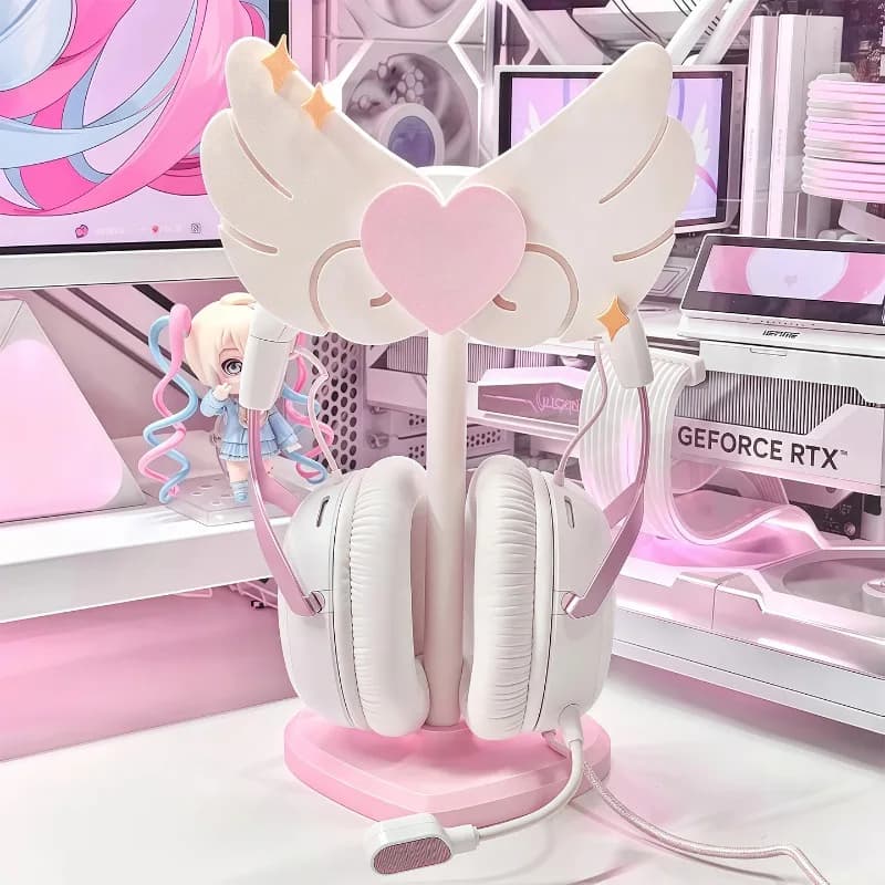 Supporto per cuffie Personalizzato carino bacchetta magica rosa Espositore per cuffie montato sulla testa Scaffale di archiviazione da tavolo Accessori per cuffie