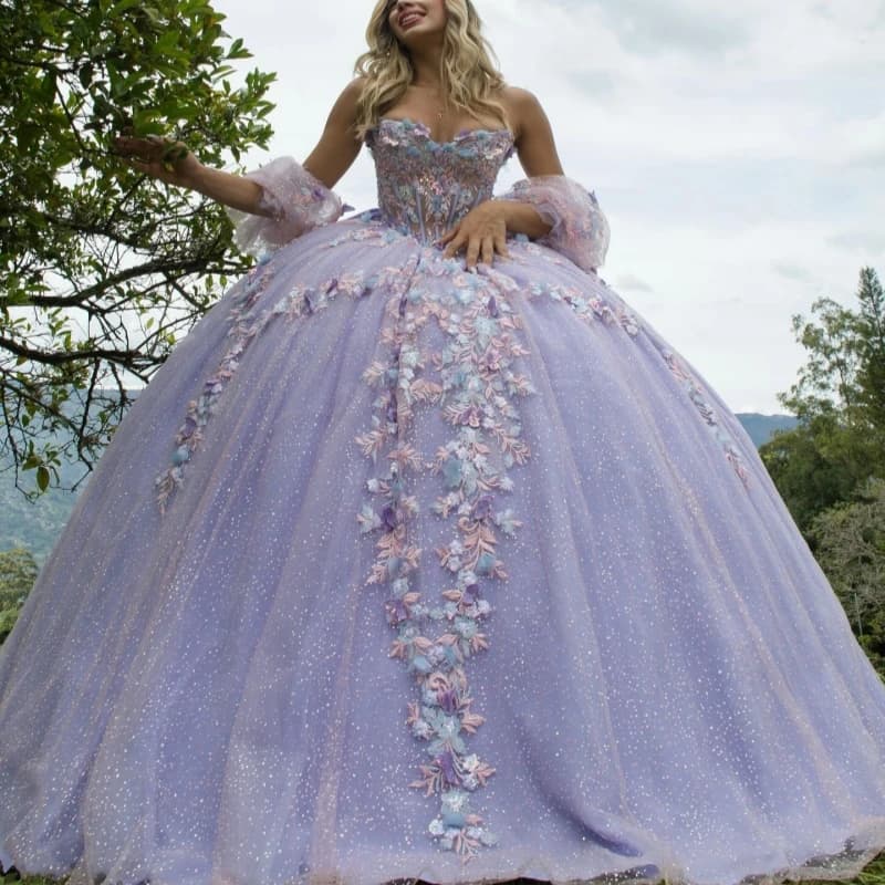 Abiti stile Quinceanera lilla lucido con spalle scoperte Abito da ballo dolce 16 Abito con perline Applique Fiore Fiocco Tull Festa di compleanno Abiti 15