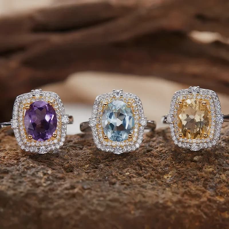 S925 sterling silver 18K gold natural gemstone ring light luxury high-end index finger ring energy jewelry women's live