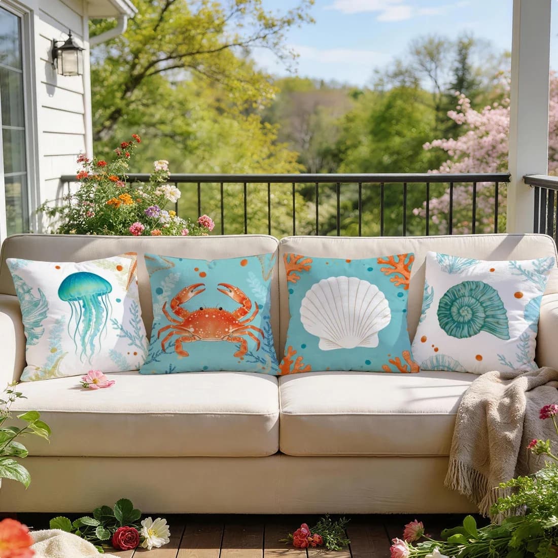 4Pcs Marine Life Cushion Covers Single-sided Printed 40/45/50CM Throw Pillow Case Cover Sofa Cushion Home Room Decor