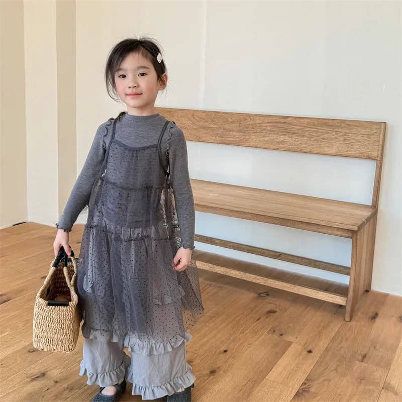 2024 set di abbigliamento autunnale per neonate versione coreana vestito a tracolla in garza trasparente per ragazze + camicia a maniche lunghe vestiti per bambini