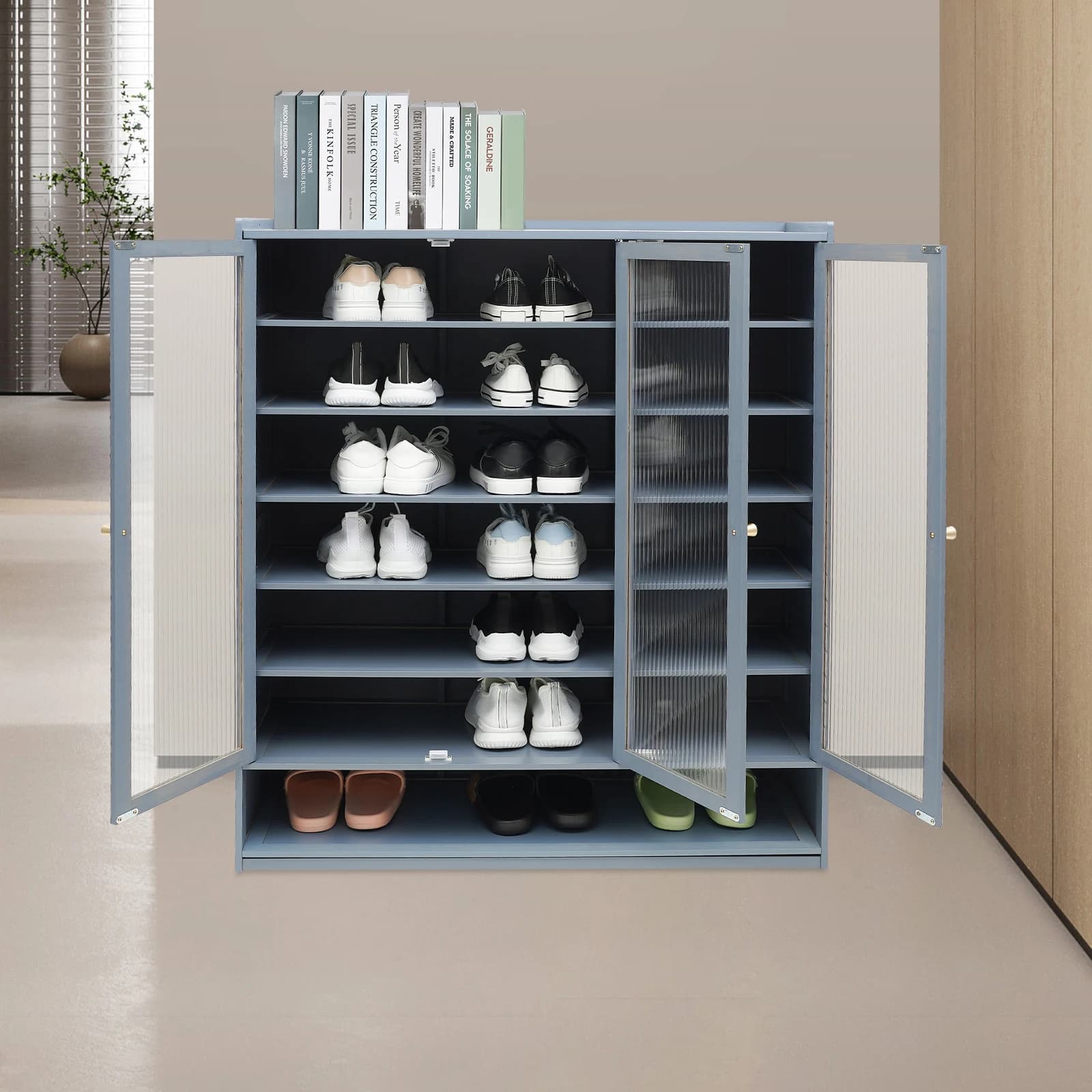 Armadietto portascarpe blu nebbia a 3 porte e 8 livelli, organizer moderno per ingresso per corridoio e soggiorno, espositore multiuso