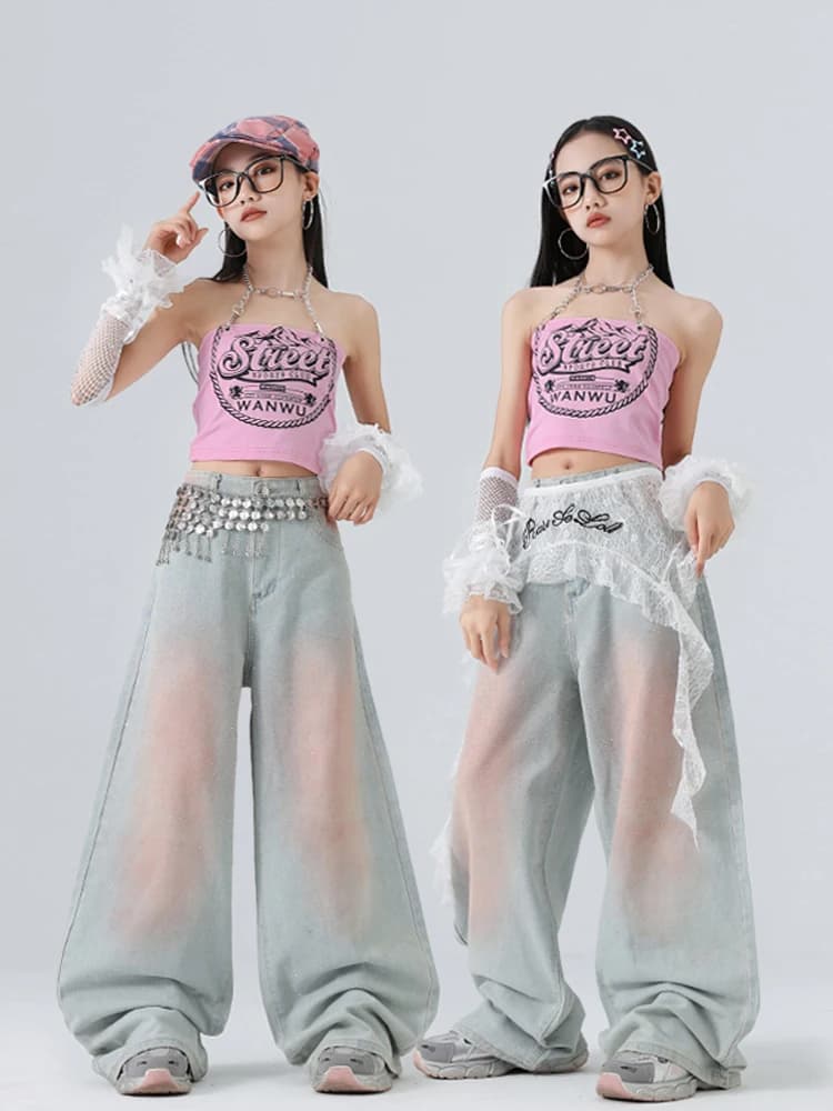 Moda Abiti da ballo jazz Ragazze Top rosa Jeans con paillettes Kpop Performance Outfit Passerella Costume da concerto Abbigliamento di scena BL16784