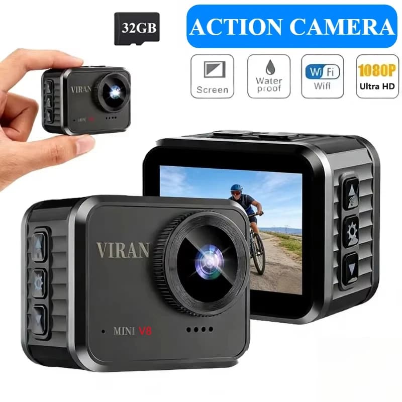 Action Cam Ultra HD Mini V8+32GB with memory card for outdoor cycling, 1.54 inch screen 145° Sports Camera WiFi Grandangle