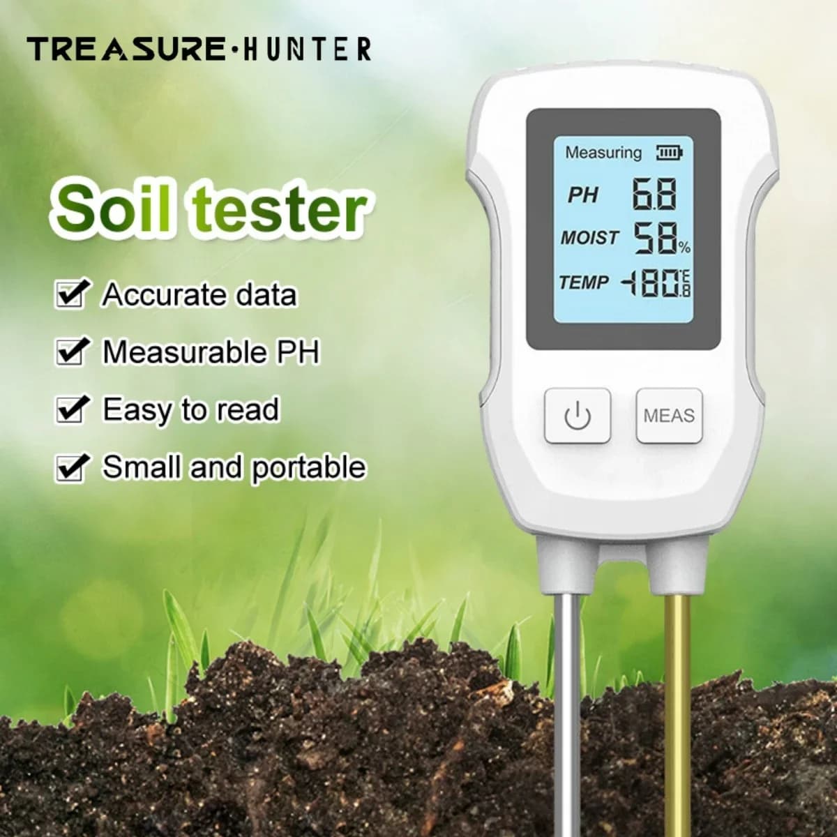 Treasure Hunter 3 in 1 PH soil detector Tester LCD screen temperature humidity meter for garden pot flower plantation