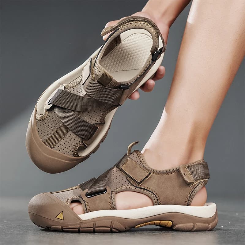 Large size men's outdoor casual sports non-slip sandals with closed toe, breathable perforated fabric upper, adjustable heel strap with Velcro