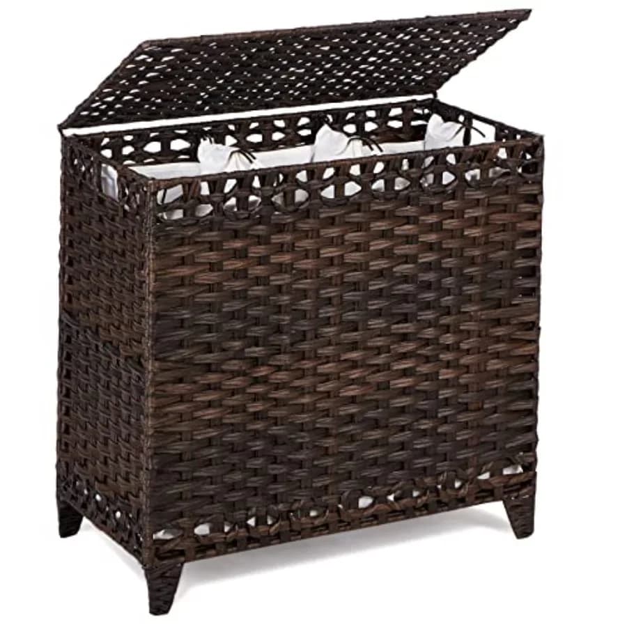 Laundry Hamper with 3 Removable Liner Bags; 132L Handwoven Rattan Laundry Basket with Lid and Heightened Feet; Clothes Hamper w