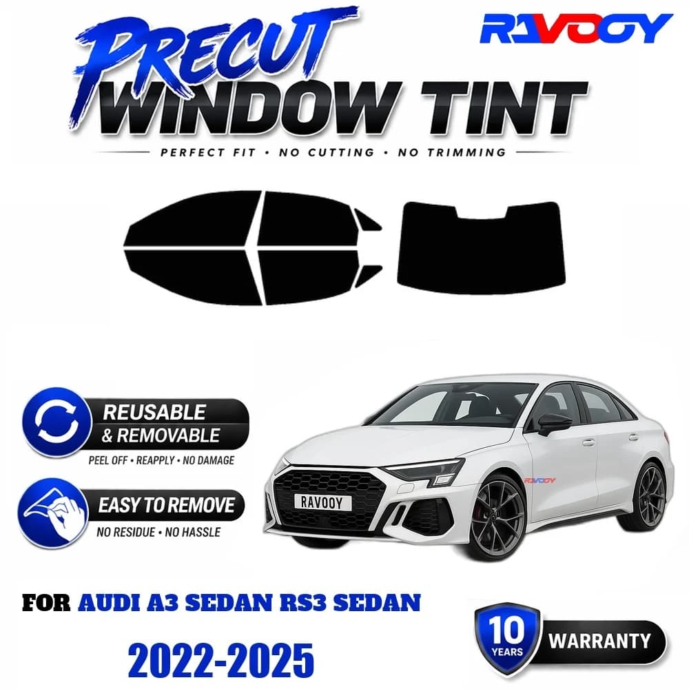 RAVOOY Precut Window Tint, Reusable Removable EPU Film, Custom Fit for Audi A3 SEDAN RS3 SEDAN 2022-2025, UV Heat Protection