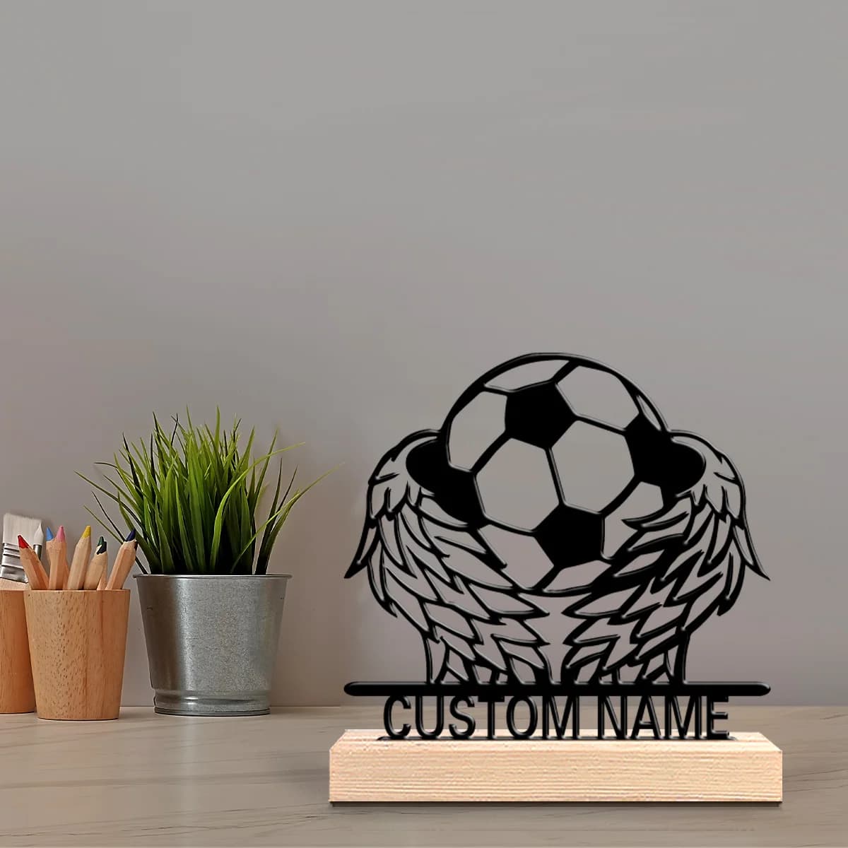 1 Piece New Custom Metal Statue Theme Soccer Ball Wing, Gift for Sports Passions with Wood Base, Perfect for Bedroom