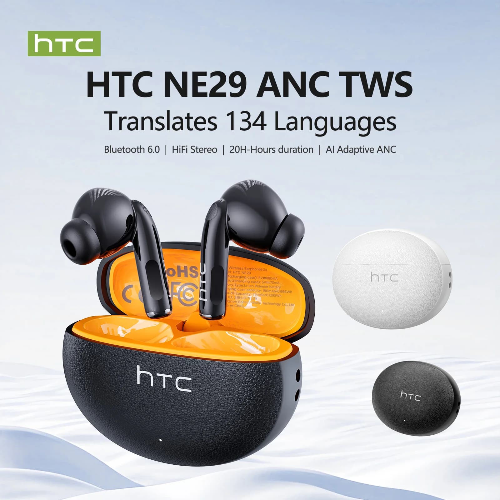 Wireless Earbuds HTC NE29 AI Real Time Translation in Ear, Surround Sound Stereo Comfortable for Sports, Workout & Travel