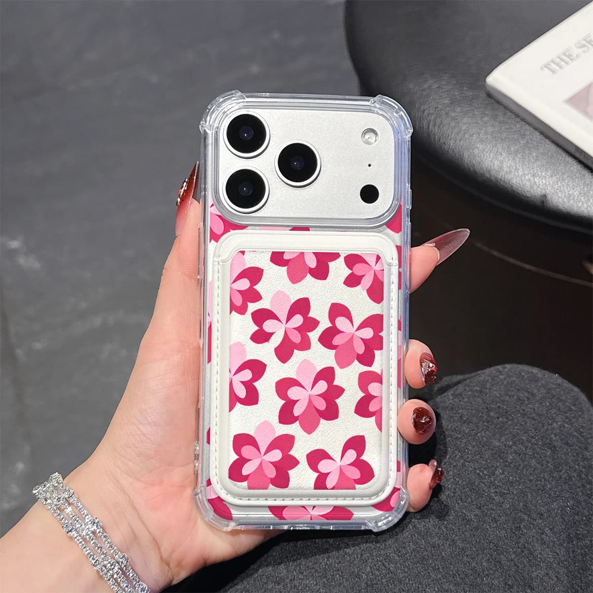 Custodia per telefono con petali rosa a strati per iPhone 17 16 15 14 13 Pro Max Plus, con tasca portafoglio, in TPU morbido trasparente per custodia magnetica