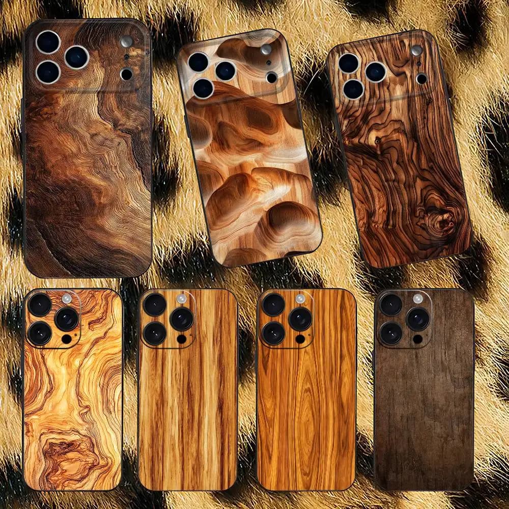 Natural Wood Phone Case For iPhone 17,16,15,14,13,12,11,Pro,Max,Plus,E,Air,Mini Protective Black Cover