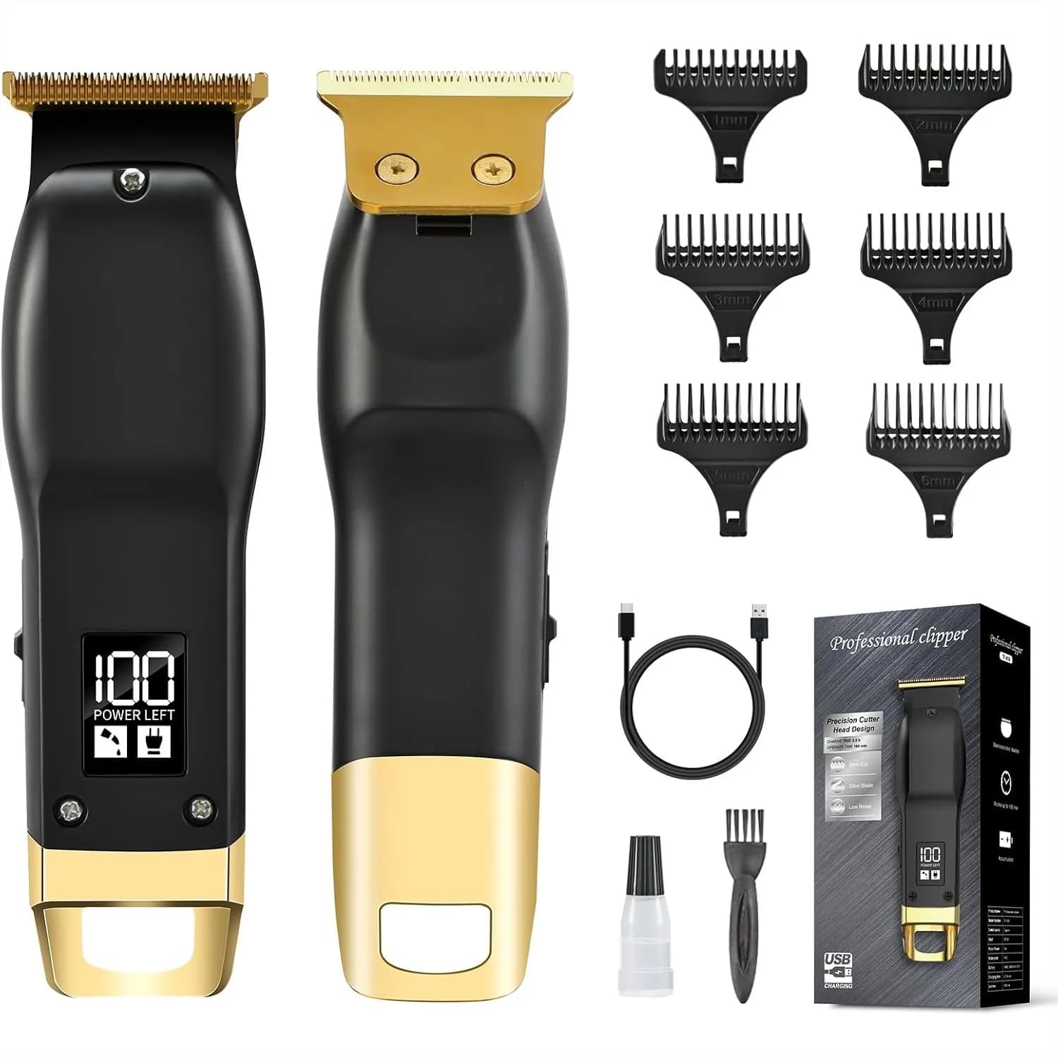 Regolabarba da uomo - Tagliacapelli e rasoio senza fili con 6 pettini guida, autonomia di 180 minuti, display LED, nero