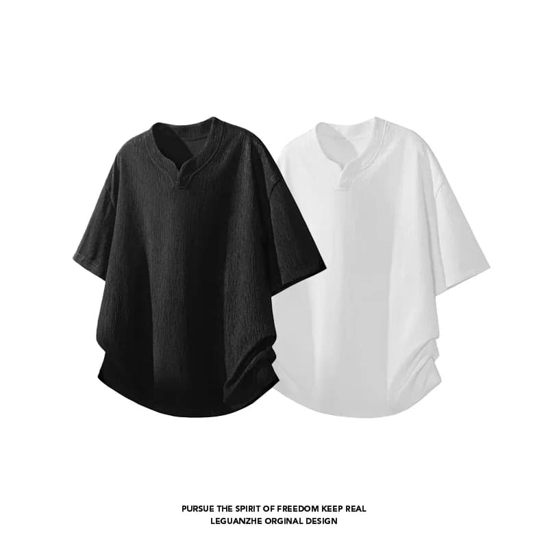 Men V Notch Collar Short Sleeve T Shirt Crinkle Textured Fabric Loose Fit Breathable Casual Daily Curved Hem Tee Top