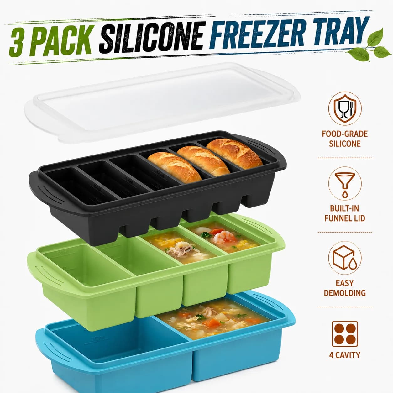 3 Pack Silicone Freezer Trays Set with Lids Large Ice Cube Tray 1 Cup Soup Freezer Molds Meal Prep Container for Food Storage