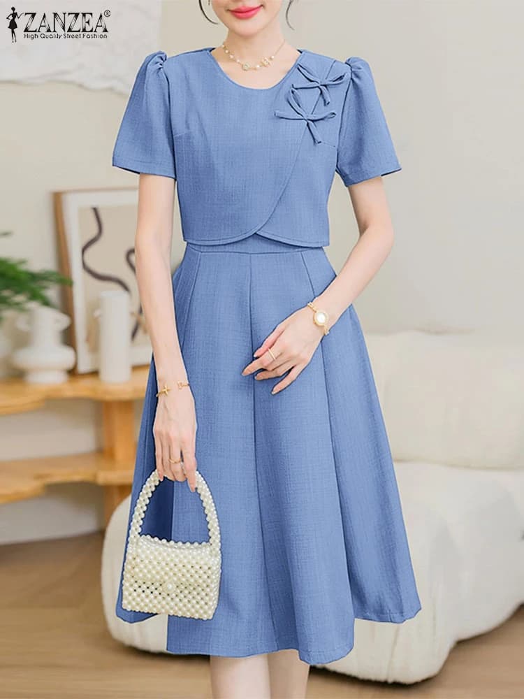 ZANZEA Donne Eleganti OL Abiti Da Lavoro 2025 Abito Estivo Manica Corta Archi Vestito Estivo Elegante A Vita Una Linea Del Partito Vestido Midi Robe