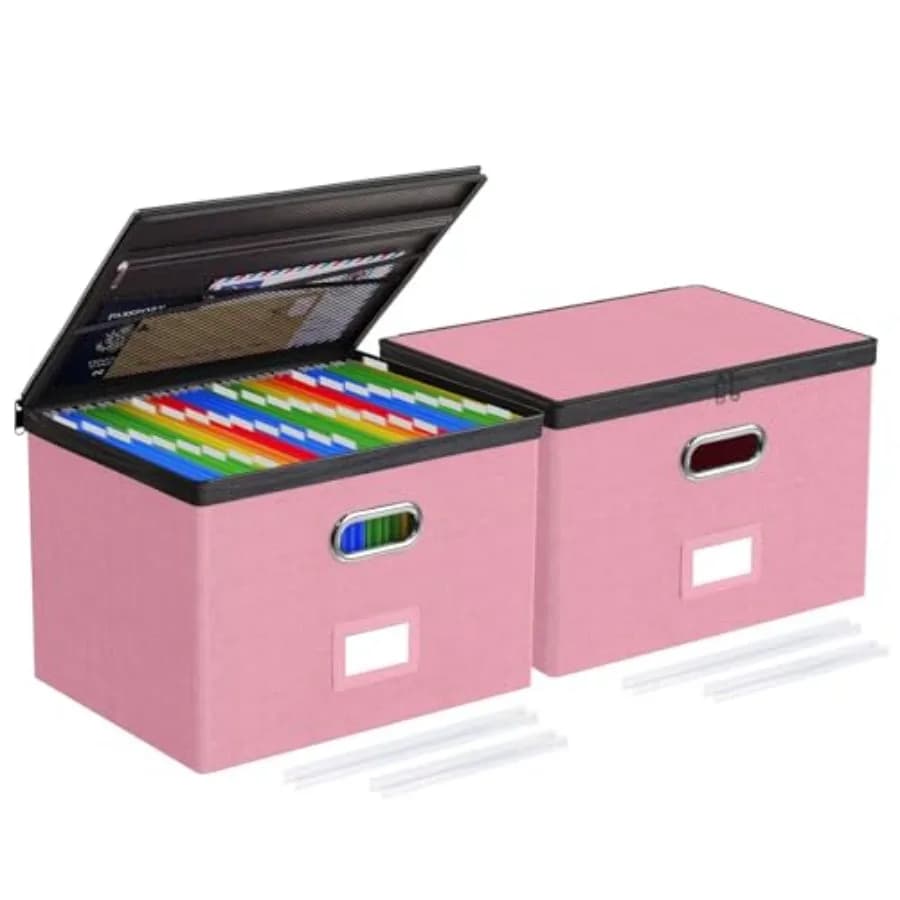 Set di 2 Grandi Scatole Organizzatrici per Documenti con Coperchi, Scatola Portadocumenti con Tasche in Rete, Organizzatore per Cartelle Formato Legale/Lettera con Zip