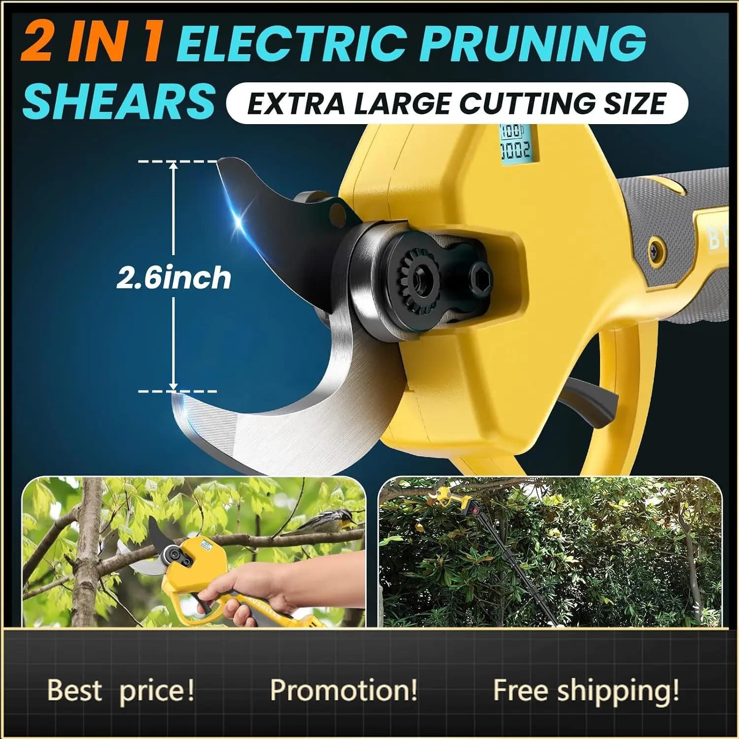 BestsellerElectric Pruning Shears Cordless 2.6 Inches & Electric Pole Pruner 2-IN-1 with 8ft Pole Reach To 14ft, 2 * 2Ah Battery