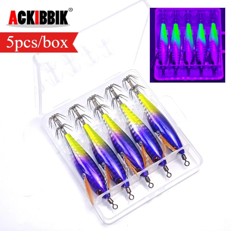 5pcs/Box Horizontal Squid Jig Egi Set Simulation Shrimp Fishing Lure Luminous Octopus Cuttlefish Sea Fishing Tackle