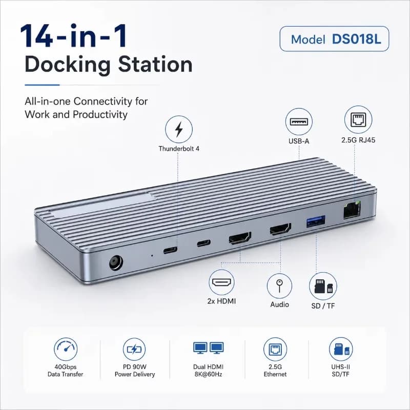 14-in-1 Thunderbolt 4/USB4 Docking Station, 40Gbps 8K*60Hz Dual HDMI, 90W PD, 10Gbps USB, 2.5G Ethernet, SD/TF 4.0 Card Reader