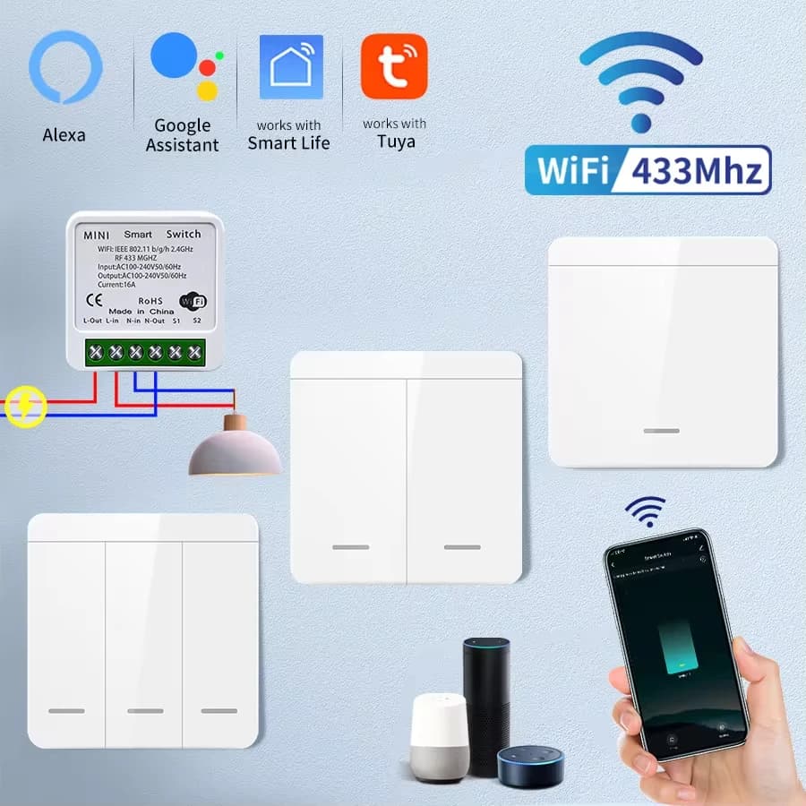 Tuya Smart WiFi Switch RF 433MHz Wireless Switch For Lighting Smart Life APP Voice Control Work With Alexa Google Home Alice