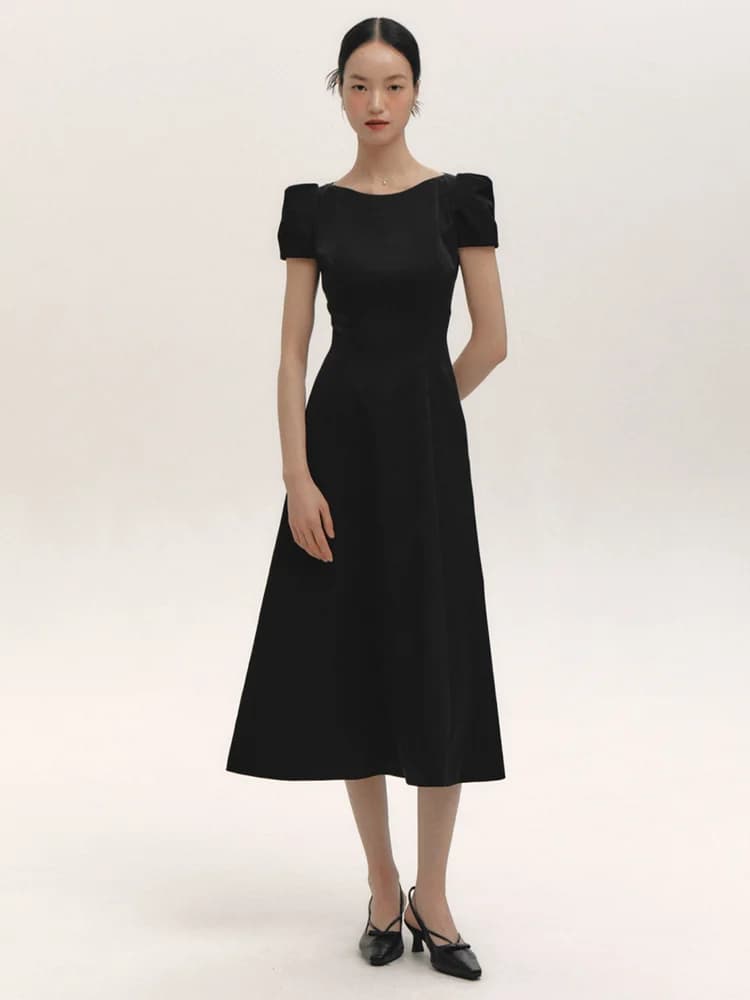 Elegant High Waist A-Line Dress Summer 2025 Fashion Slimming Short Sleeve One-Shoulder Boat Neck Commuter Skirt Dress