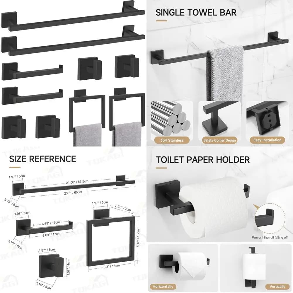 Set di accessori per il bagno in acciaio inossidabile nero opaco, supporto da parete per portasciugamani da 10 pezzi, 23,6 SUS304, collezione completa di accessori