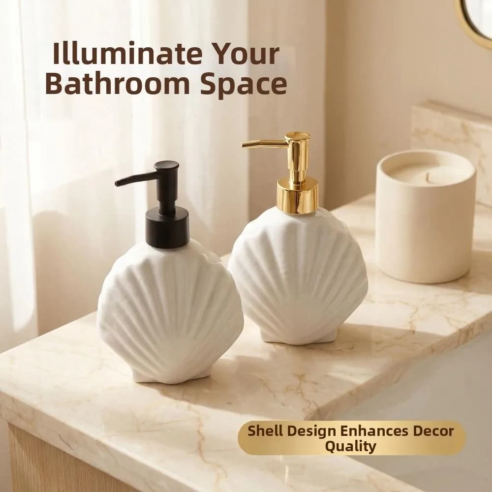 360ml Shell Shaped Soap Dispenser Press Type Glass Liquid Soap Container Refillable Empty Hand Sanitizer Holder Countertop