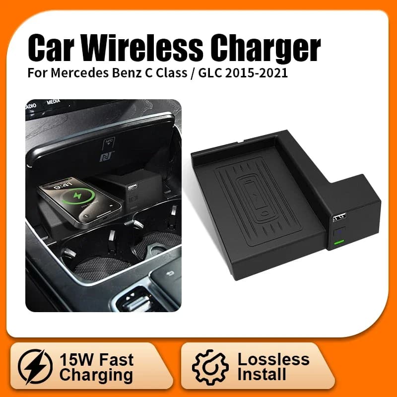 Caricabatteria per auto wireless veloce da 15 W per Mercedes Benz Classe C W205 Classe GLC X253 Pad di ricarica per C43 C63 AMG GLC43 GLC63 2015-2022
