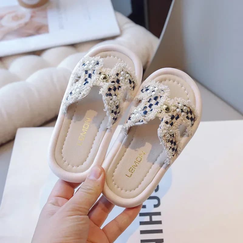 Pantofole per bambini estate bambini Chic sandali da principessa a scacchi con semplice perla dolce moda pantofole eleganti per bambini all'aperto