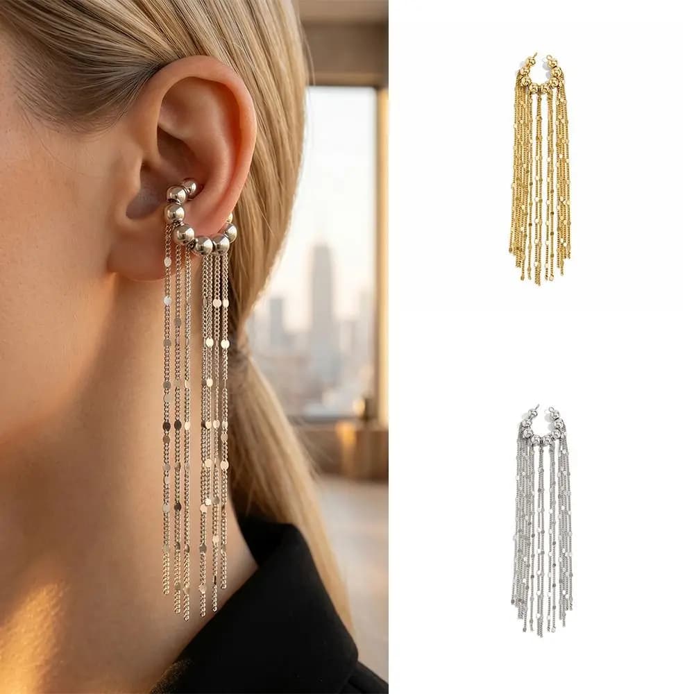 Accessorio Orecchino a Clip in Lega con Nappa e Perline, Catena Lunga, Senza Piercing, Squisito Minimalista, Regalo