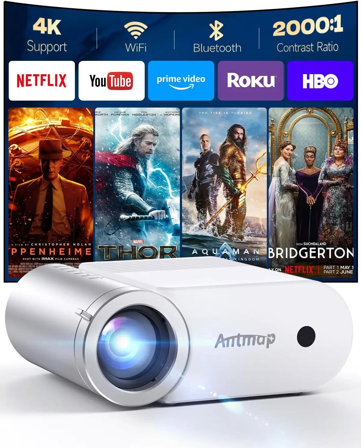 Mini Projector with WiFi and Bluetooth, 400 ANSI Lumen Portable for iPhone, 1080P 4K support, Home Theater and External Use, 200-inch display