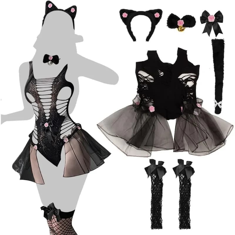 Lingerie sexy da donna Cosplay Cat Intimo per adulti con fascia per capelli Colletto a campana Code Calze a rete Perline nere