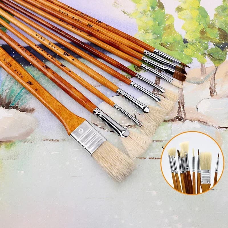 10 pcs set gouache art test student pig bristle propylene oil paint brush fishtail fan-shaped hand-painted outdoor portable