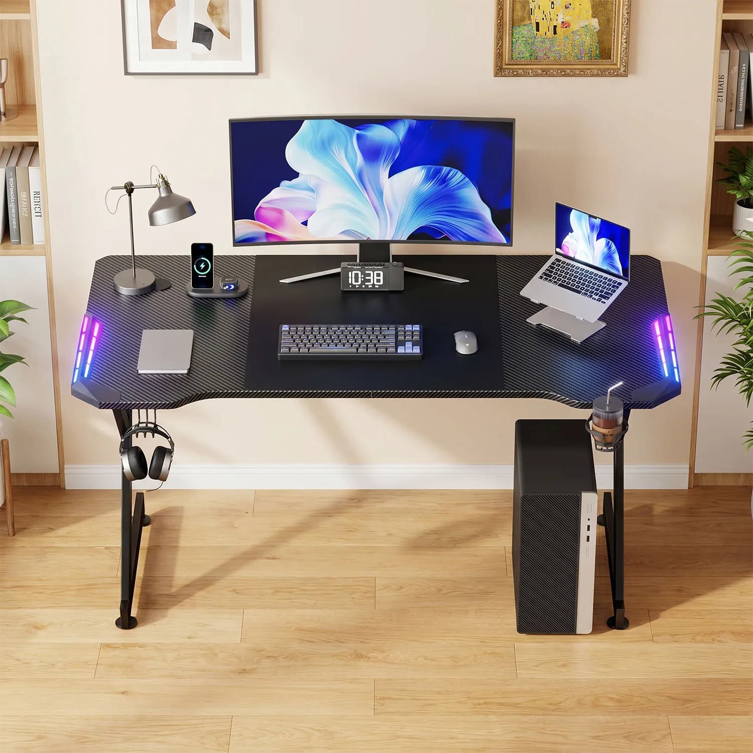 NEBMAAX RGB Gaming Desk Carbon Fiber Workstation LED Lights Cup Holder Headphone Hook Black Large Monitor Home Office Computer Desk