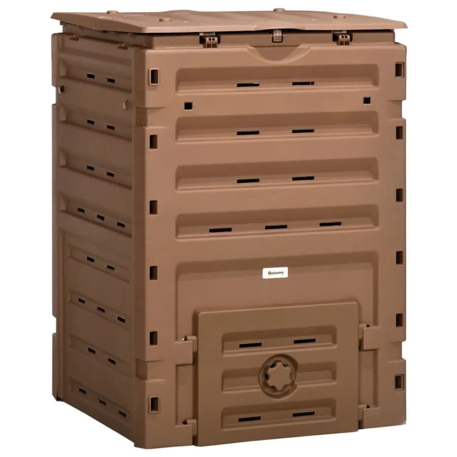 Contenitore per compost da esterno 120 galloni 450 litri con 80 prese d'aria e 2 porte scorrevoli Coperchio a scatto Creazione rapida di terreno fertile Marrone
