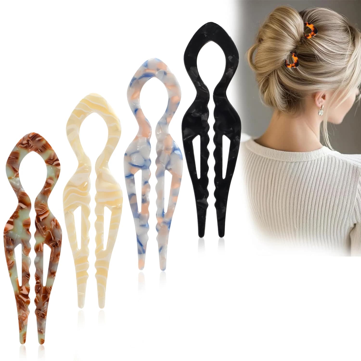 1 U-shaped acrylic hairpin with fish tail - French hairpin twist - Fork for lazy sandwich - Fits all hair types