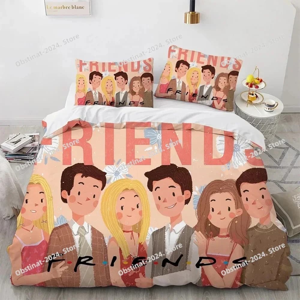Friends TV Show Set biancheria da letto Stampato singolo Piumino Trapunta Copripiumino Federa Set da 3 pezzi Lenzuolo di lino per bambini e adulti