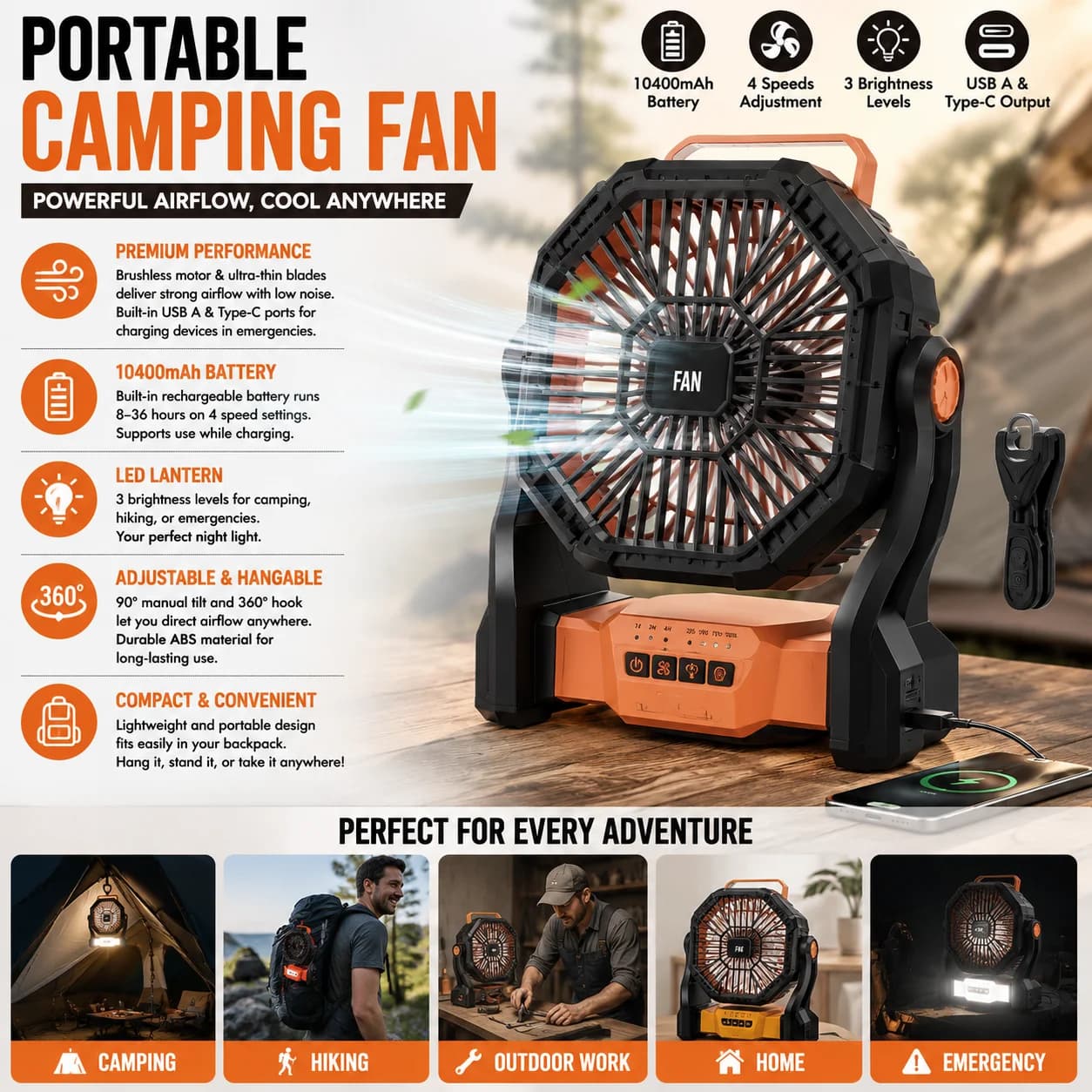 Portable Camping Fan with LED Lantern, 10400mAh Rechargeable Battery Operated Outdoor Fan, 4 Wind Speeds, 3 Light Brightness, USB-C & USB-A Power Bank, 90° Tilt 360° Hanging Hook Tent Fan for Camping Hiking Emergency Home