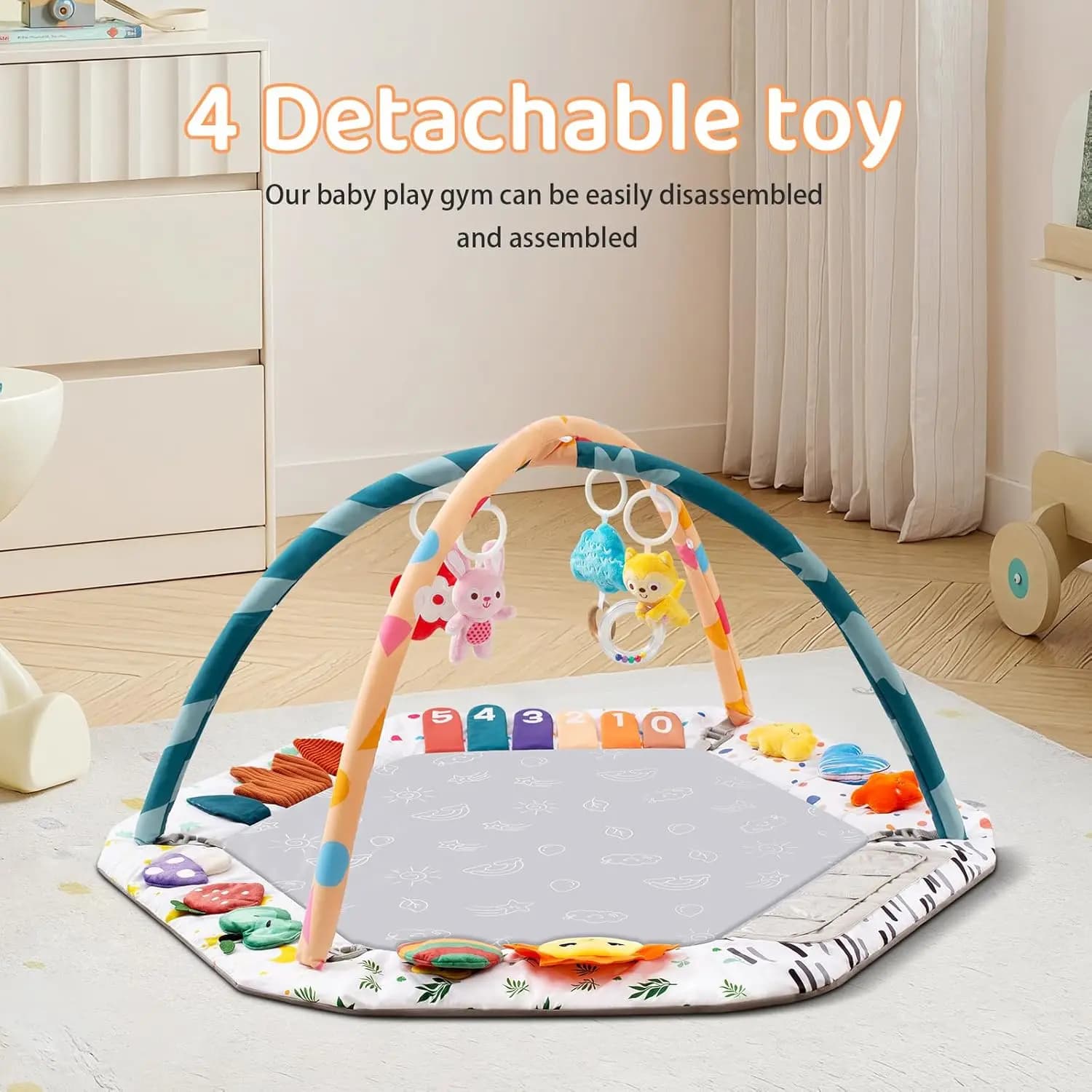Tappetino Portatile per il Tummy Time dei Neonati, 6 Aree di Sviluppo con 4 Giocattoli Rimovibili, Palestrina Sensoriale per Giochi