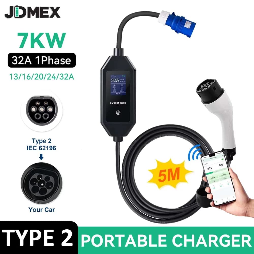 Caricatore EV Portatile JDMEX Tipo 2 7KW 32A Monofase Wallbox con Controllo Remoto tramite APP e Cavo da 5M per Veicoli Elettrici