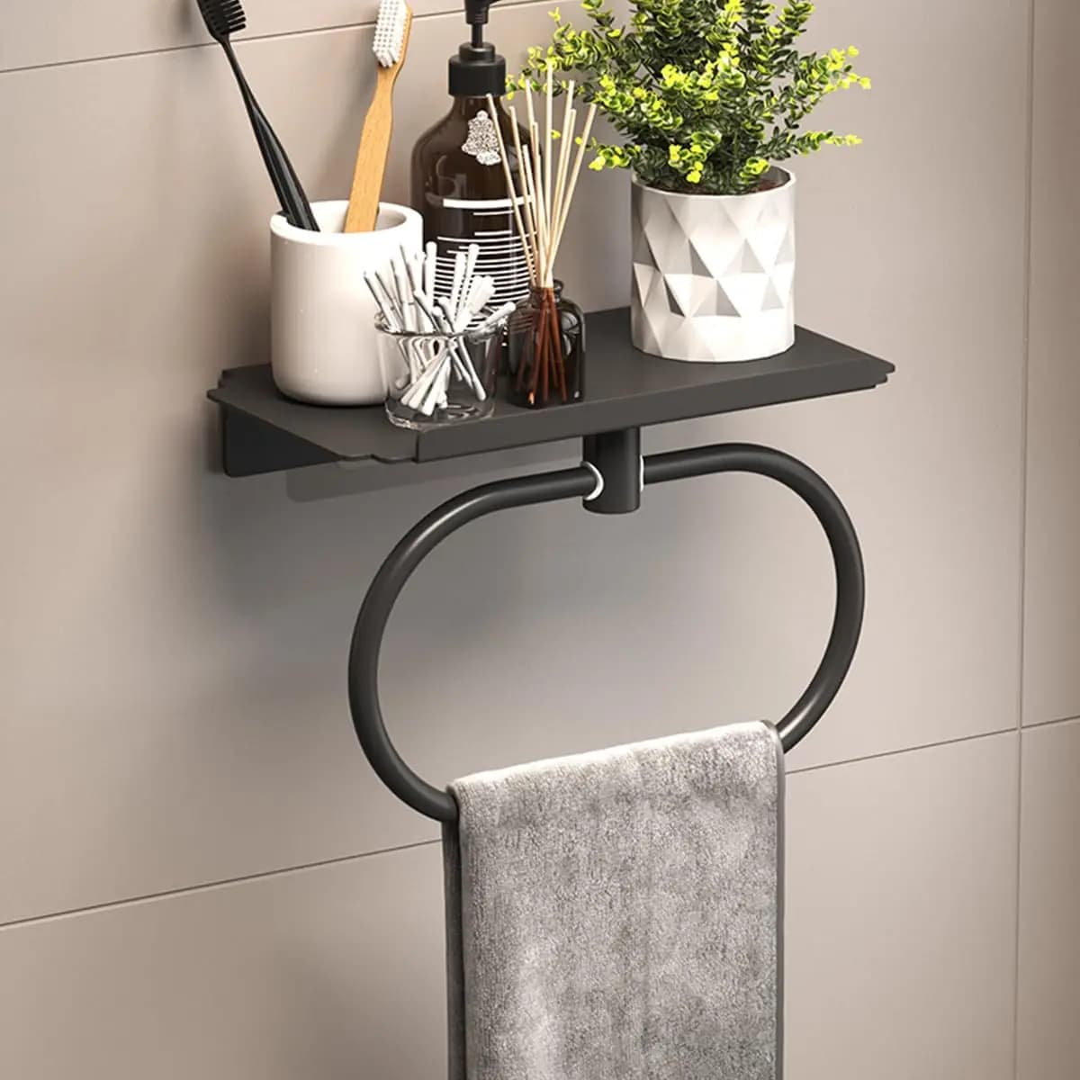 Portasciugamani moderno da parete con ripiano portaoggetti, portasciugamani da bagno in metallo nero, accessori da bagno salvaspazio