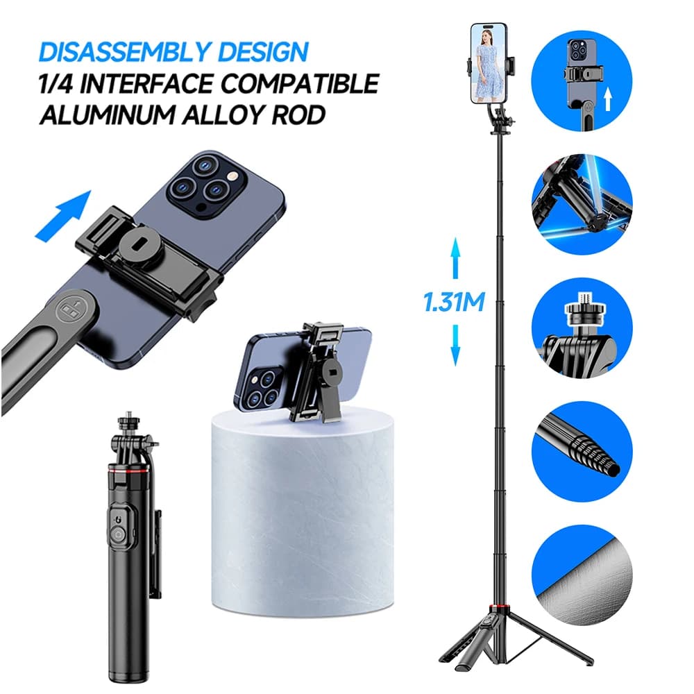 C12D Treppiede per selfie stick da 1,3 metri estensibile in alluminio 360 ° Treppiede Bluetooth con rotazione per vite 1/4 per iPhone/Android