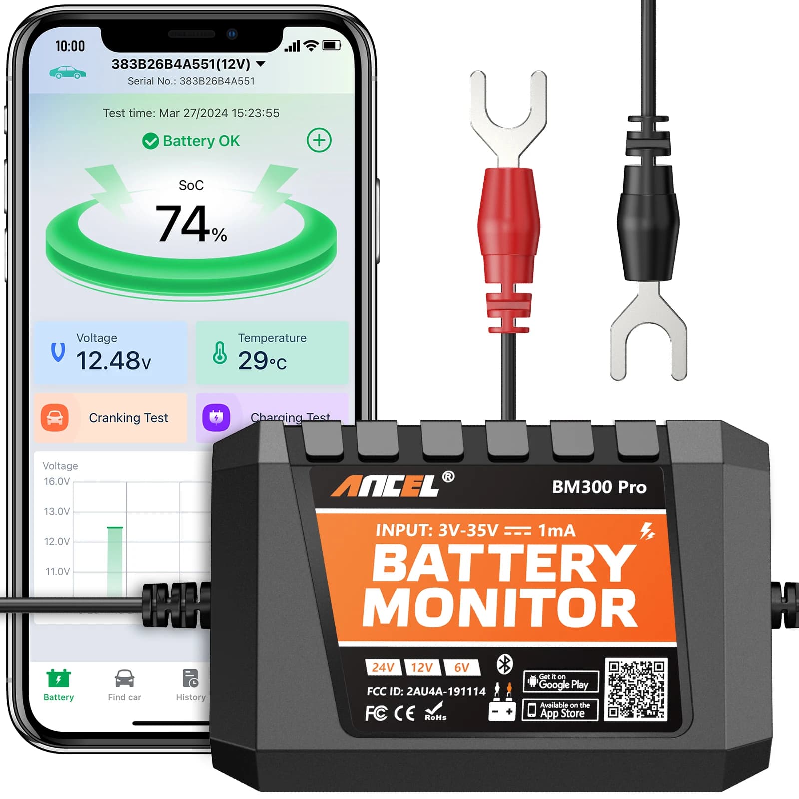 ANCEL BM300 Pro Battery Tester 6V 12V 24V Battery Monitor - Bluetooth for Car SOH SOC Battery Health Analyzer PK BM200 PRO