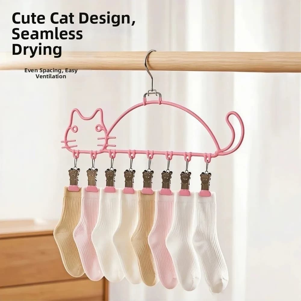 Cat Shape Socks Drying Rack Waterproof 8 Clips Underwear Drying Clips Space-saving Non-Slip Multi-clip Sock Holders
