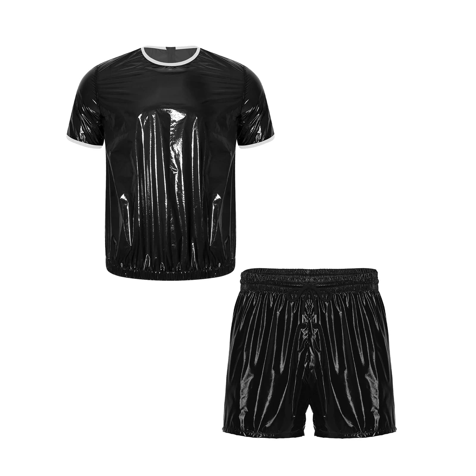Men Glossy Waterproof T-shirt Top with Shorts Built-in Briefs Set Summer Swimwear Beachwear Cycling Running Sportswear Clubwear