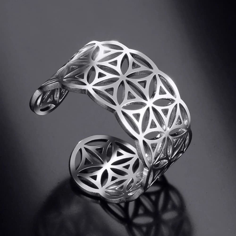 Dawapara Seeds Flower of Life Ring Kabbalah Sacred Geometry Mandala Chakra Jewels Yoga Adjustable Rings Stainless Steel